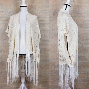 Cream Fringe Open-Front Cardigan